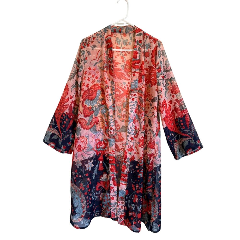 Jorja Red Blue Floral Sheer Open Kimono Duster Large Boho Chic Festival